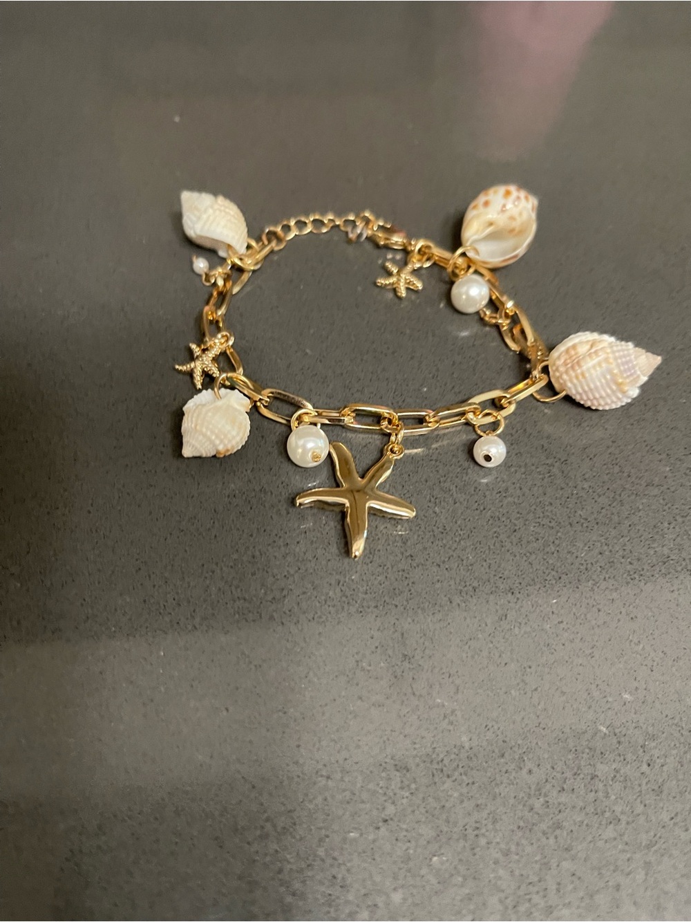 Gold Seashell & Pearl Charm Bracelet - Starfish Beach Jewelry